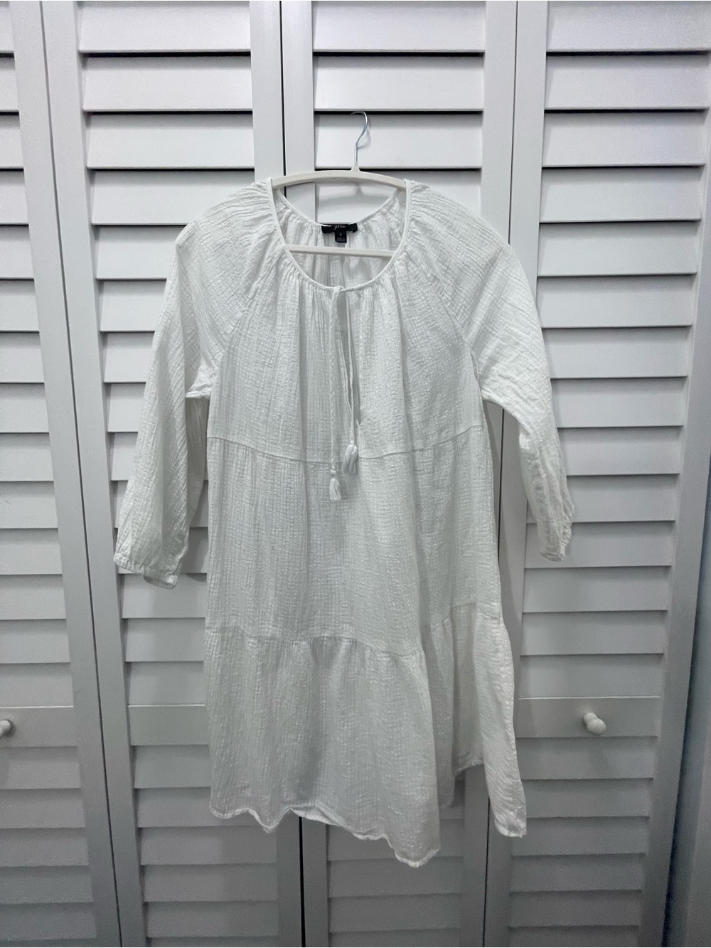 J Crew White Gauze Tiered Peasant Dress with Tassel Tie Size S